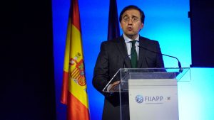 El ministro de Asuntos Exteriores, Unión Europea y Cooperación, José Manuel Albares, durante su intervención en el acto Talento Público para el mundo